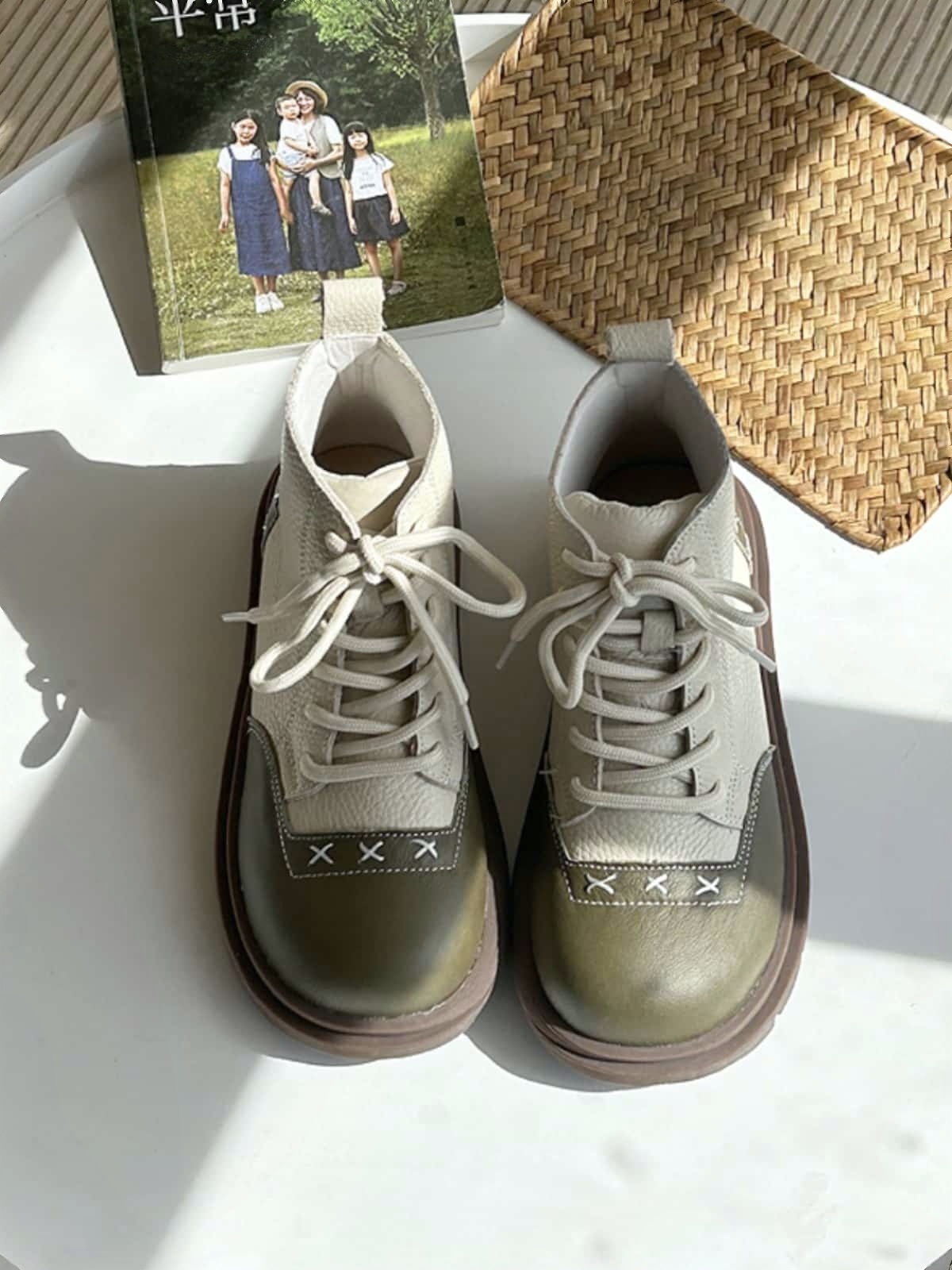 Leather round head strap-on platform Martin boots autumn fashion color matching short boots