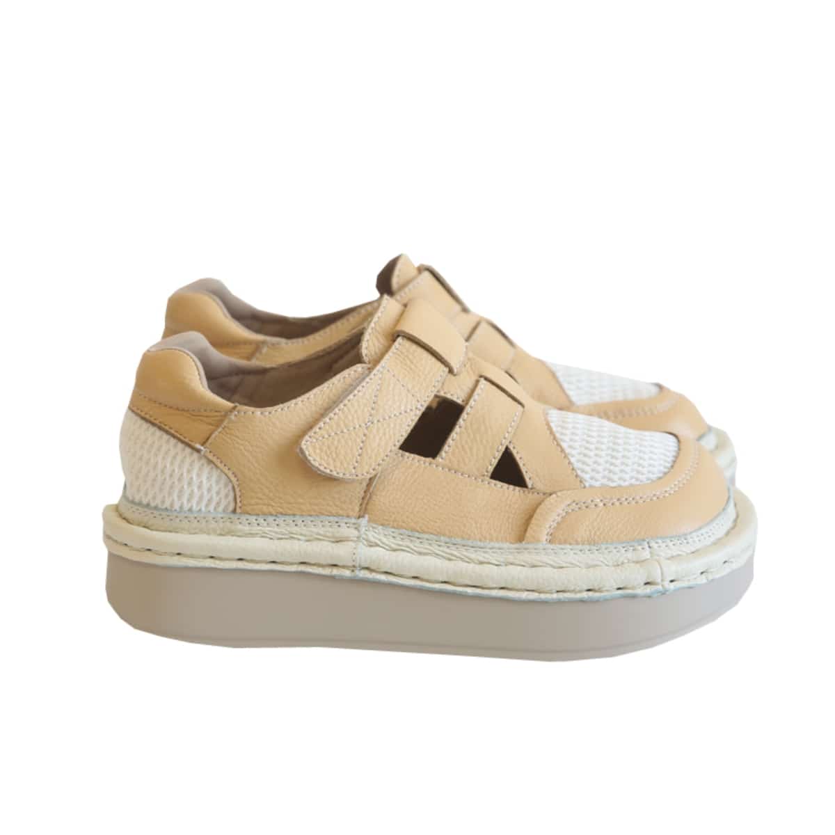 Leather hollow mesh round head thick sole big head shoes summer muffin bottom Roman sandals