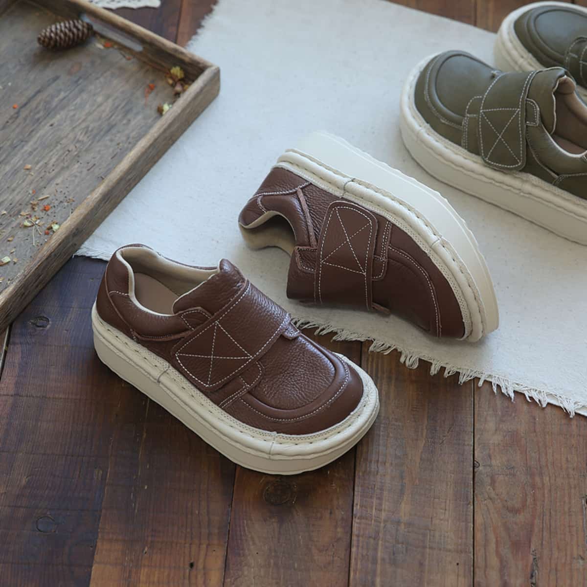 Leather round head platform big head shoes Velcro heightening shoes