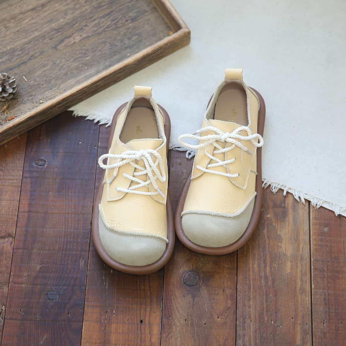 Leather round head lace-up small leather shoes spring and summer low-heeled soft-soled shoes single shoes