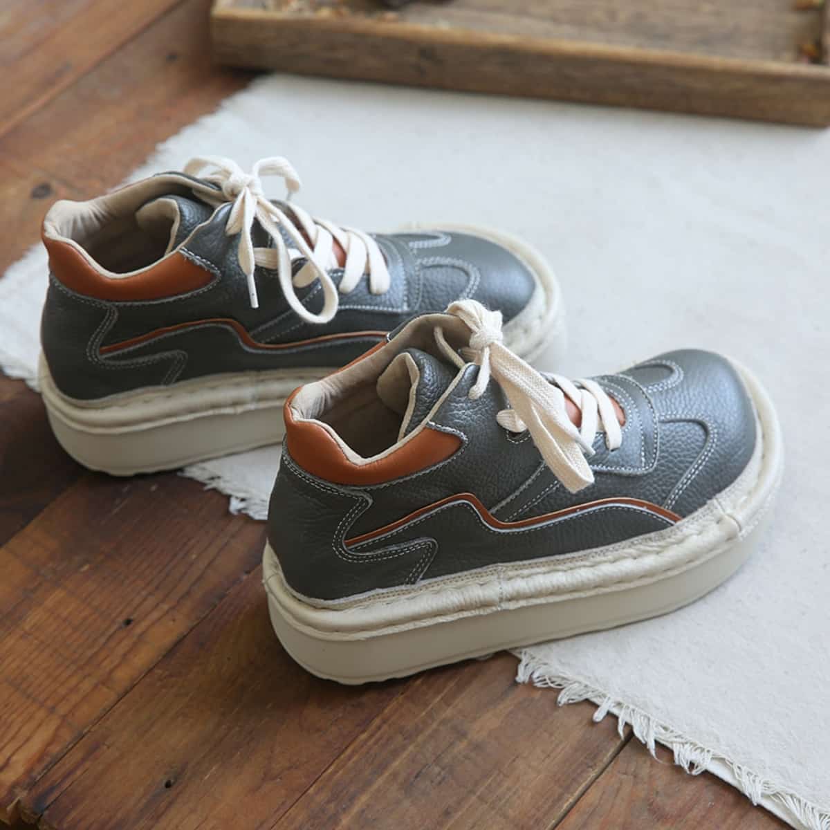 Leather round head lace-up platform big head shoes heightening short boots women's autumn