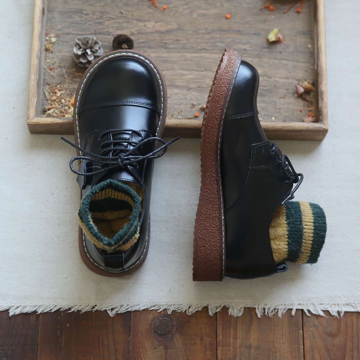 Leather round head lace-up platform big head shoes small leather shoes single shoes women's autumn