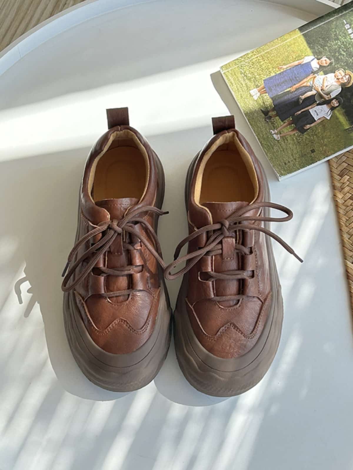 Round head lace-up thick-soled small leather shoes medium heel soft sole trendy cool shoes single shoes women