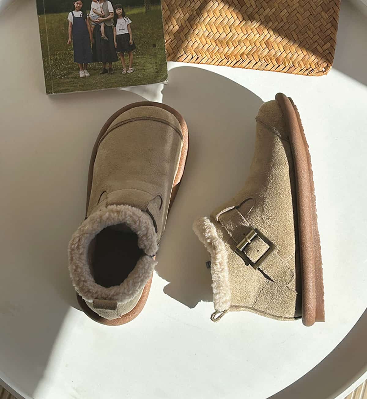 Imitation lamb wool round head flat-bottomed short boots winter velvet soft-soled belt buckle snow boots