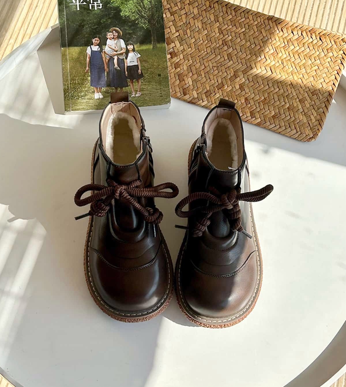 Round head lace-up platform big head shoes winter mid-heel small leather shoes short boots women