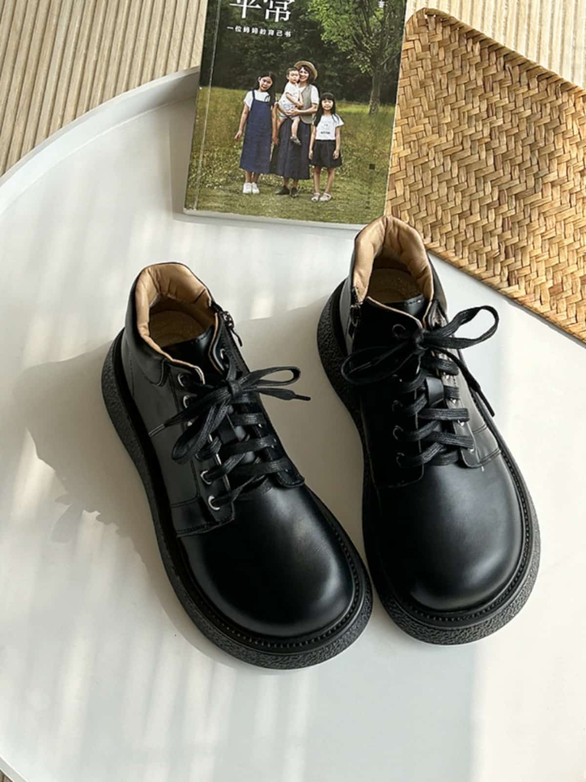 Round head lace-up thick-soled big head Martin boots side zipper versatile medium heel short boots women