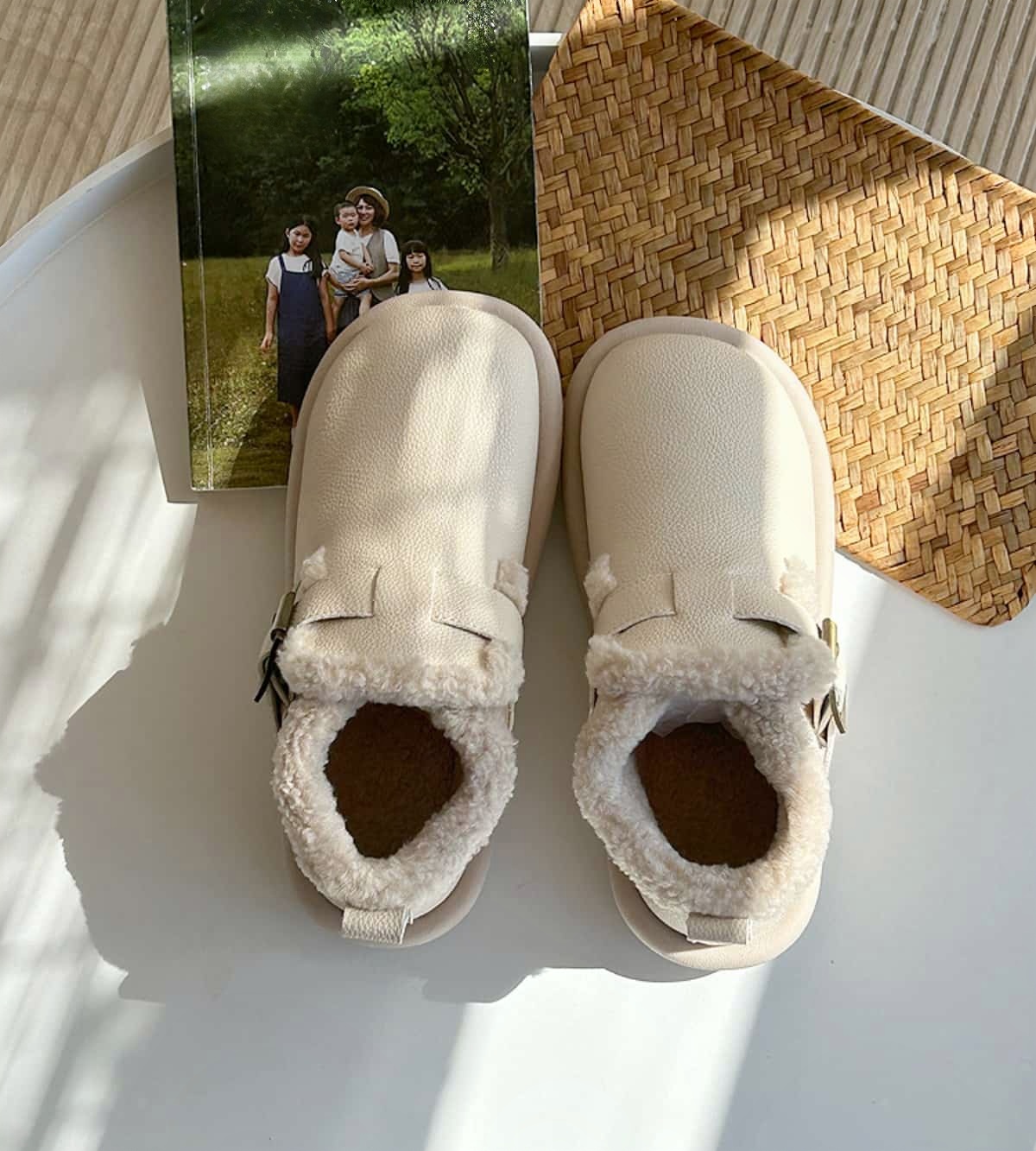 Round head flat boots winter imitation lamb wool beige cute warm snow boots