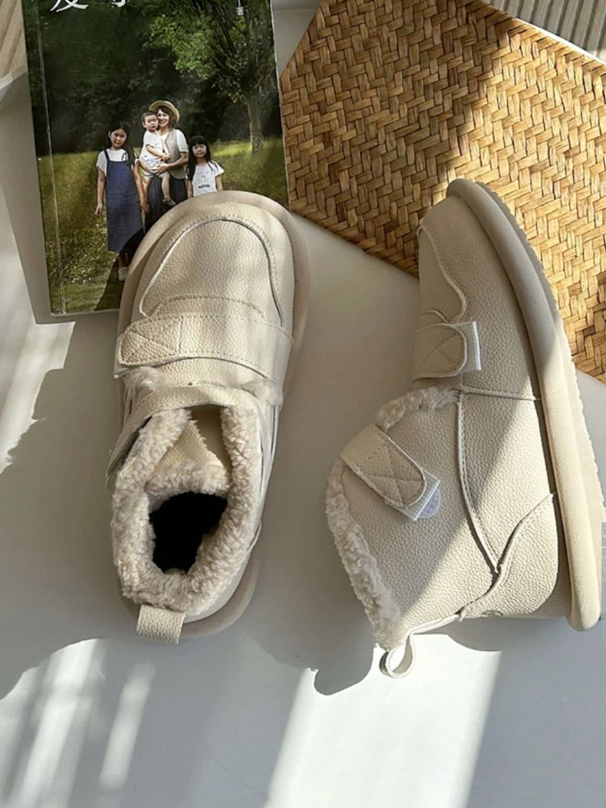 Imitation lamb wool round head flat-bottomed short boots winter Velcro cute warm snow boots