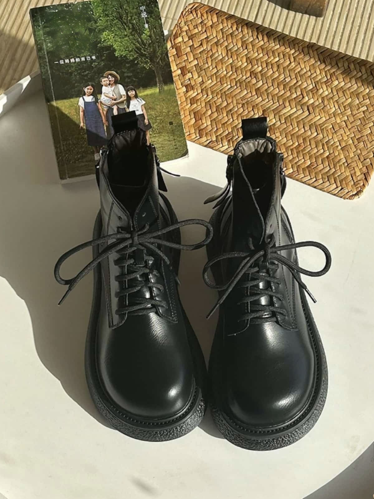 Round head lace-up thick-soled Martin boots winter velvet handsome black medium heel short boots