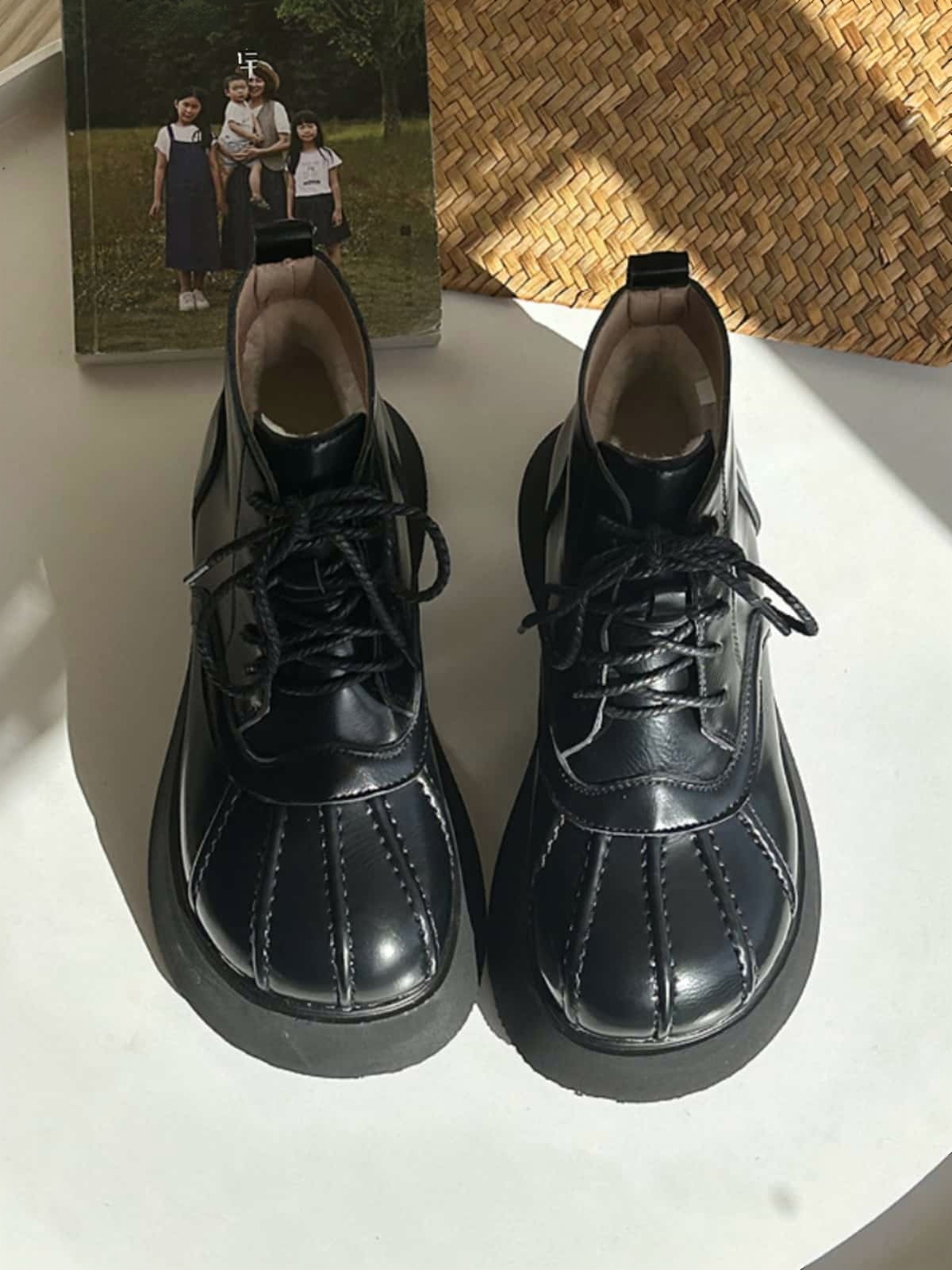 Round head lace-up thick-soled big head shoes winter velvet black small leather shoes heightening Martin boots