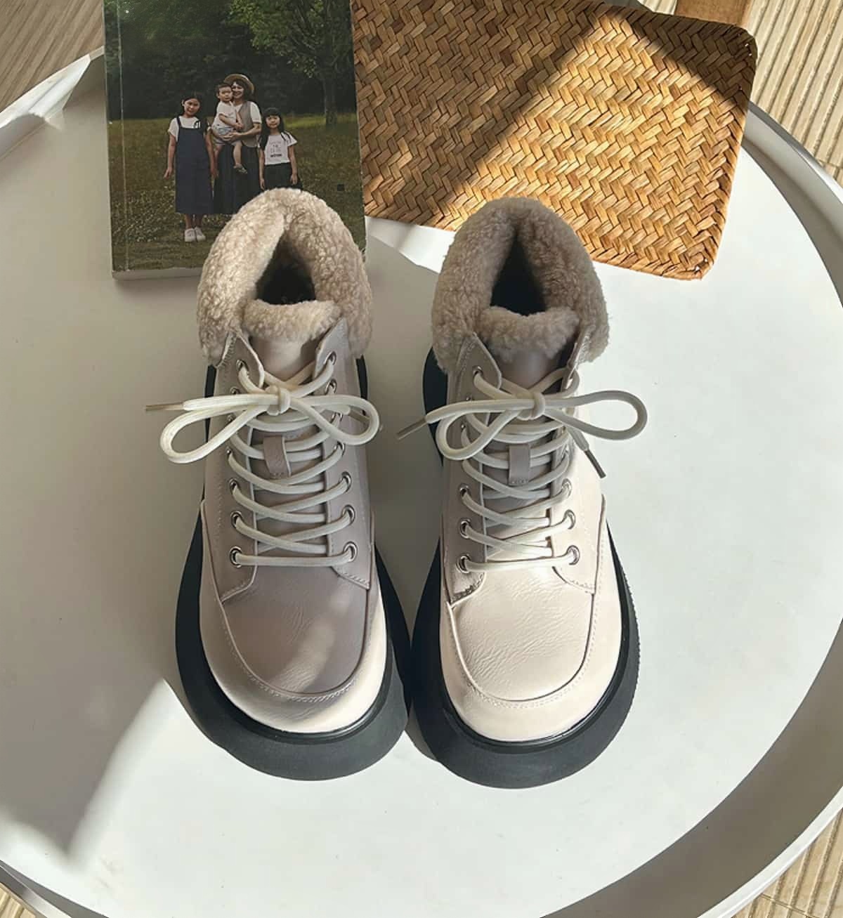 Imitation lamb wool lace-up thick-soled Martin boots winter heightening handsome black short boots