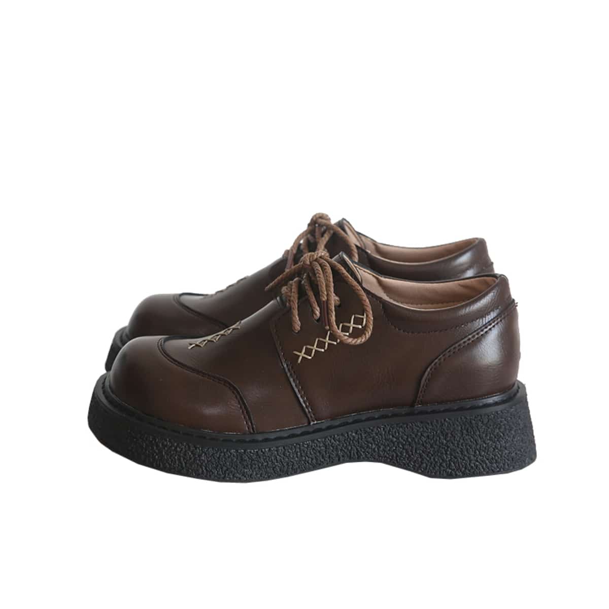 Round head lace-up thick-soled big head shoes increase height, versatile small leather shoes, single shoes for women