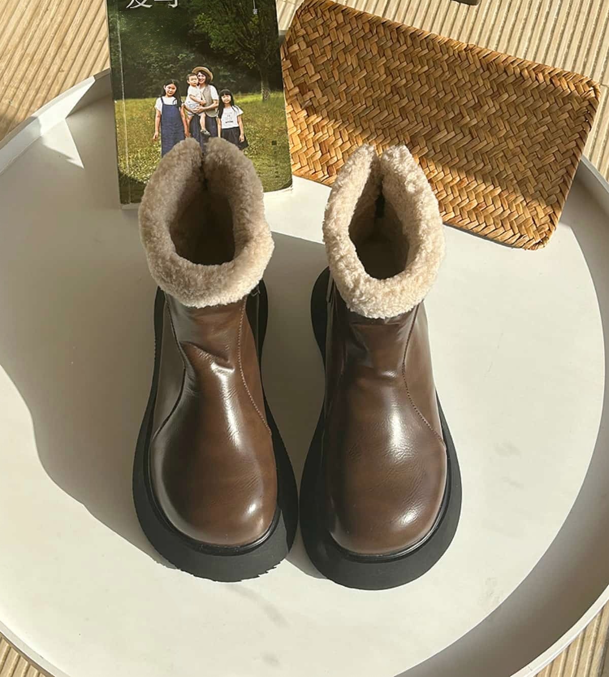 Round head thick-soled Martin boots winter imitation lamb wool black height-enhancing handsome short boots