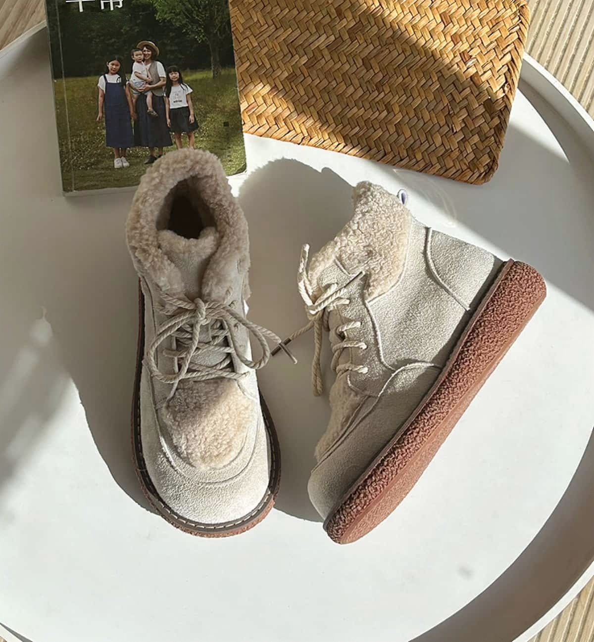 Imitation lamb wool round head strap-up thick-soled short boots winter warm and heightening snow boots