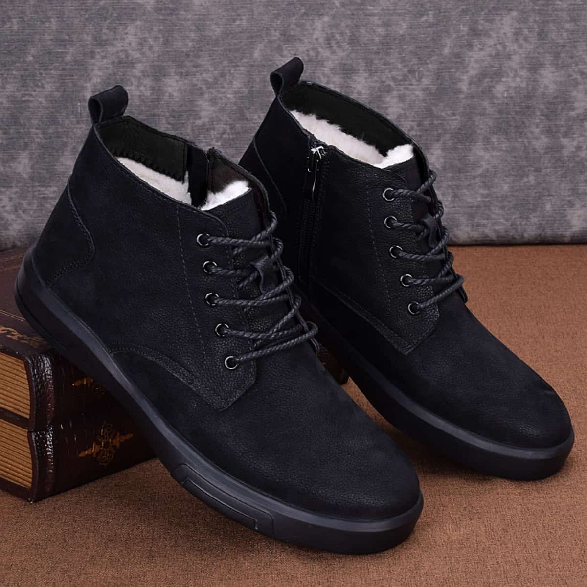 Fleece thermal cotton boots pure wool leather shoes men's cotton shoes genuine leather Martin boots high-top men's shoes