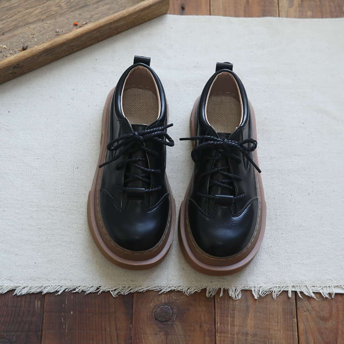 Glossy round head lace-up big head shoes autumn thick-soled versatile small leather shoes single shoes women