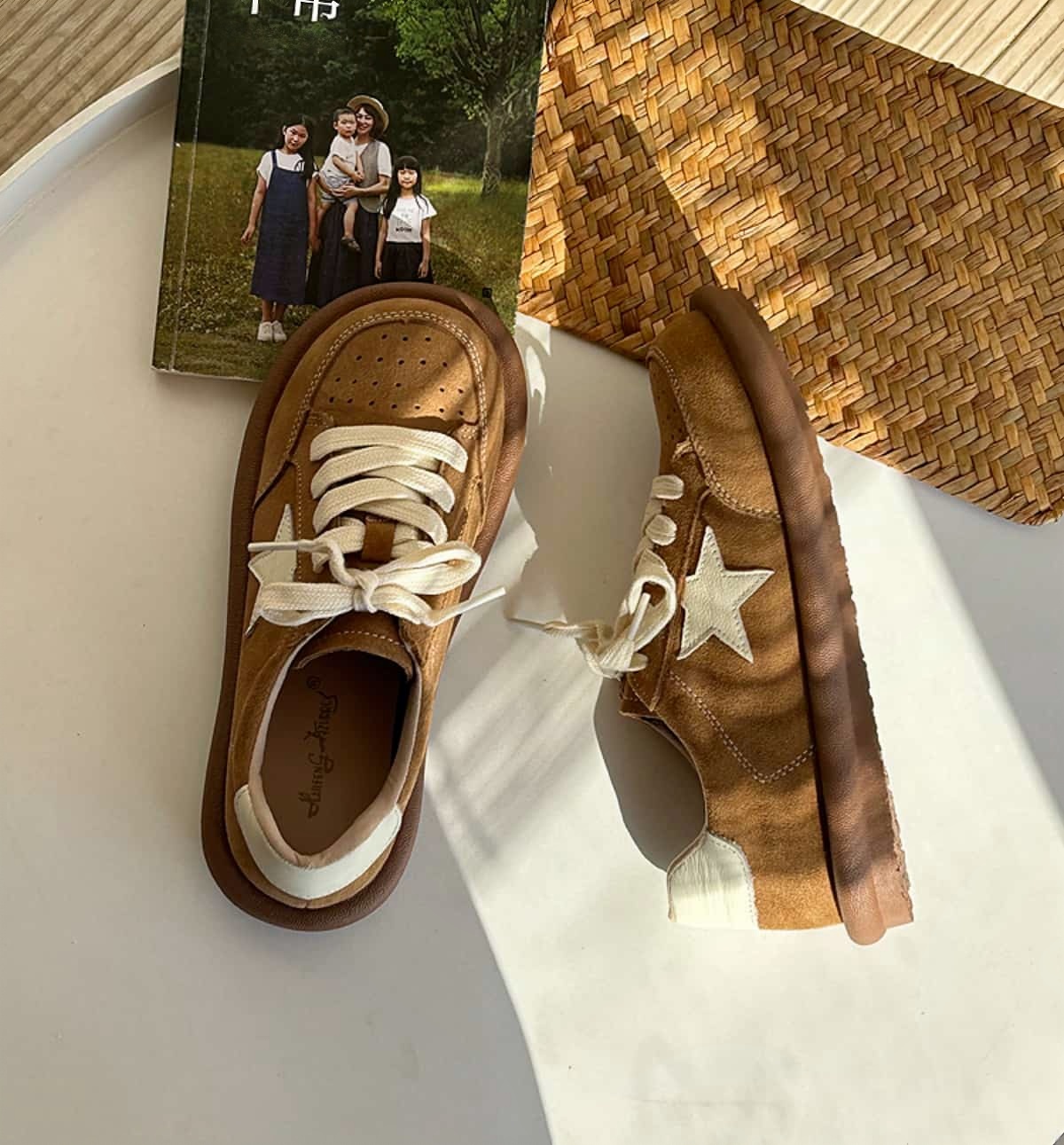 Leather round head lace-up flat shoes spring and summer breathable soft-soled German training shoes single shoes