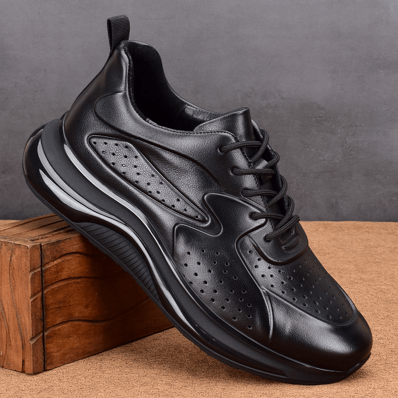 Summer hollow breathable leather first layer cowhide sports shoes men's thick-soled ultra-light shock-absorbing running shoes