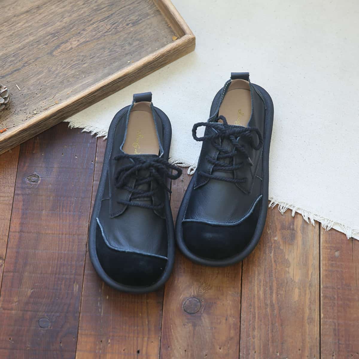 Leather round head lace-up small leather shoes spring and summer low-heeled soft-soled shoes single shoes