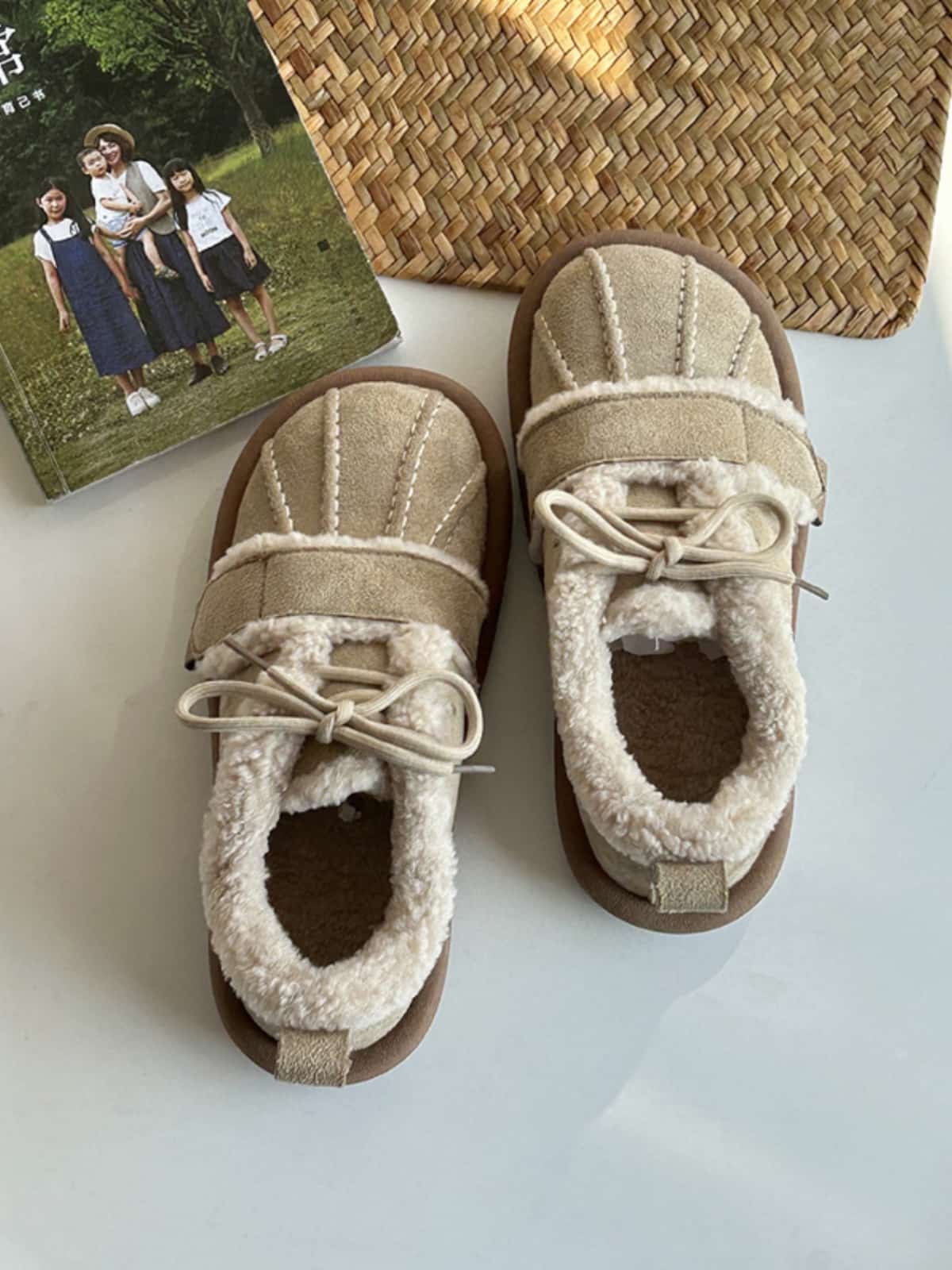 Suede round head lace-up flats Winter imitation lamb wool warm-soled cotton shoes