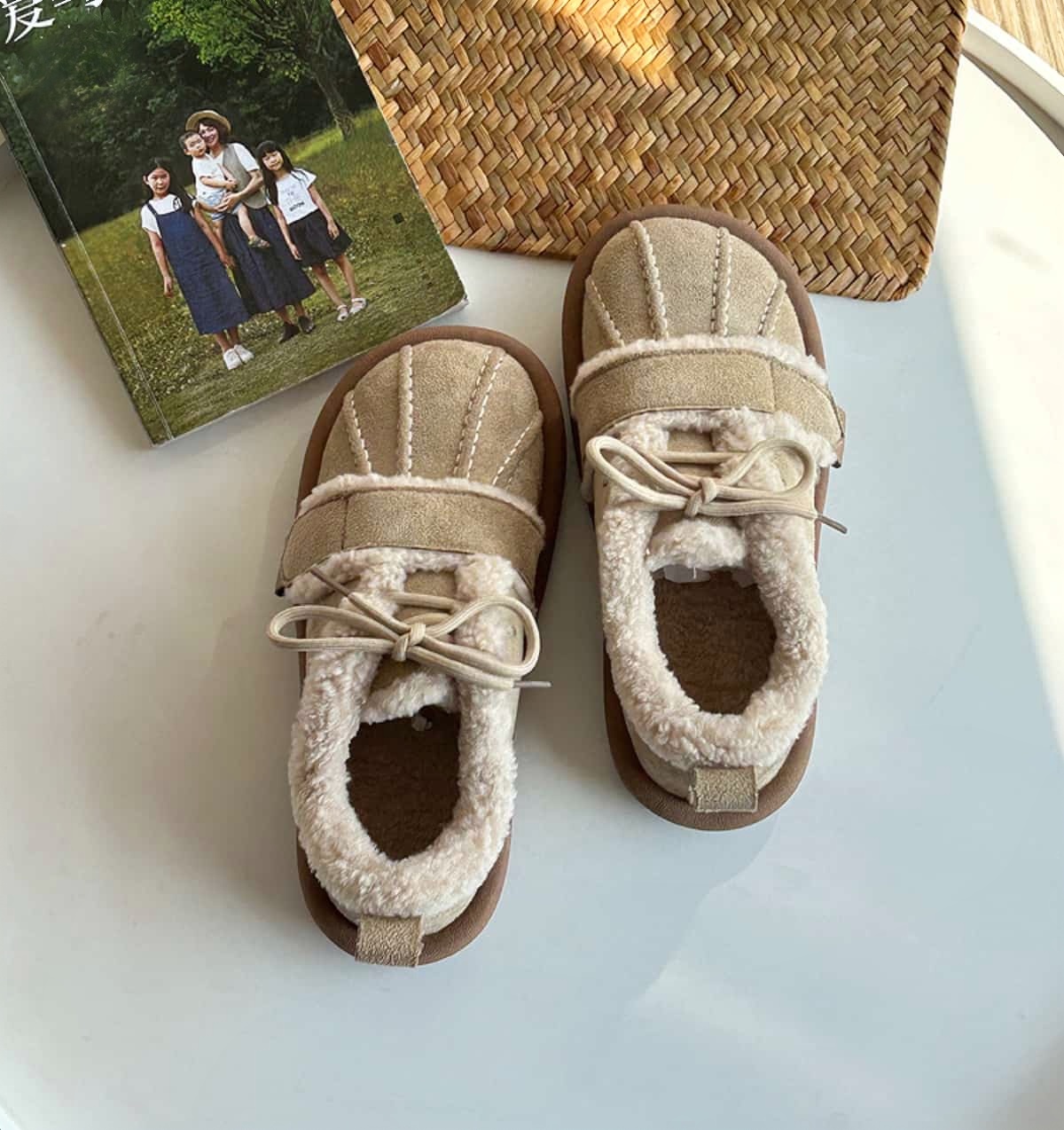 Suede round head lace-up flats Winter imitation lamb wool warm-soled cotton shoes