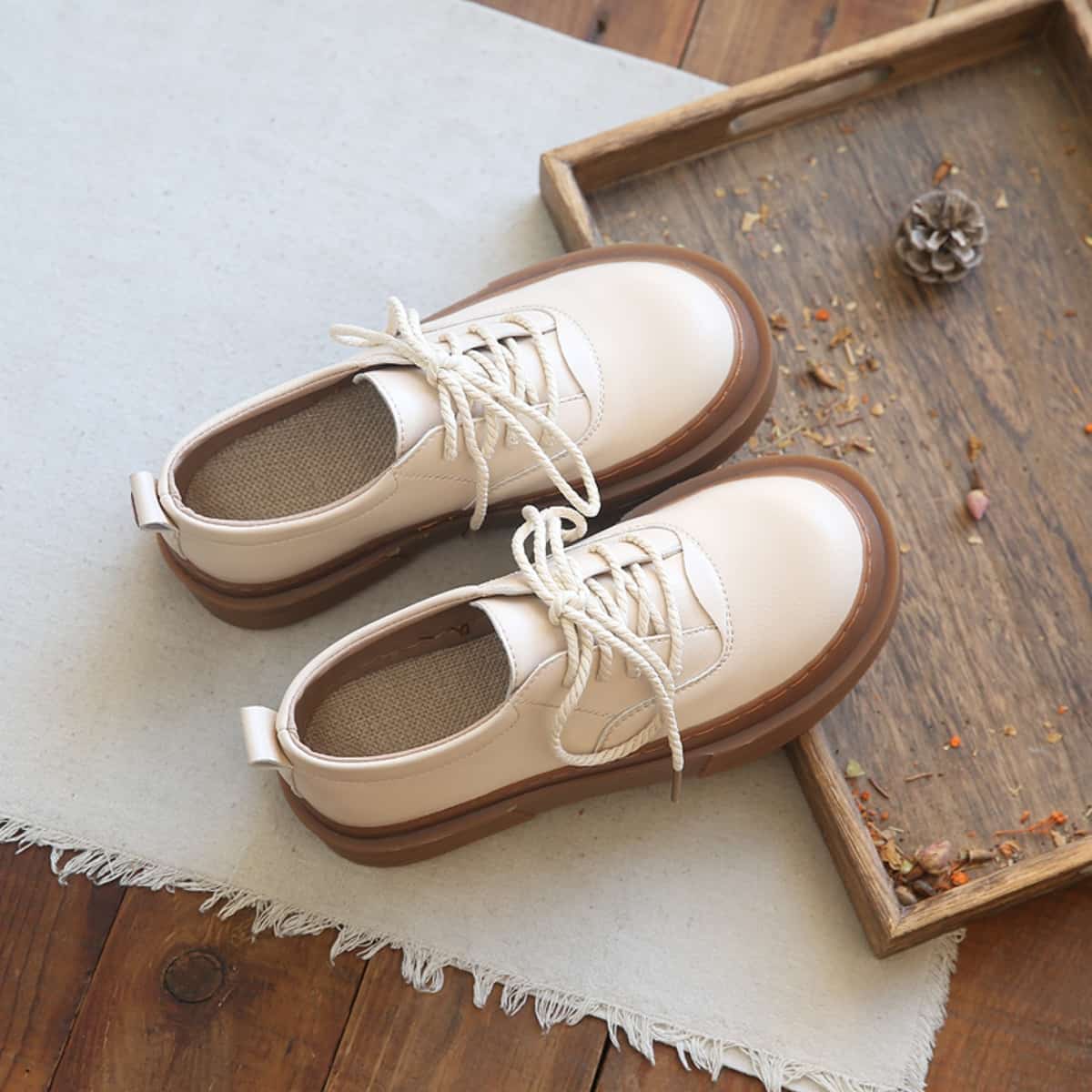 Glossy round head lace-up thick-soled big head shoes deep mouth versatile small leather shoes single shoes
