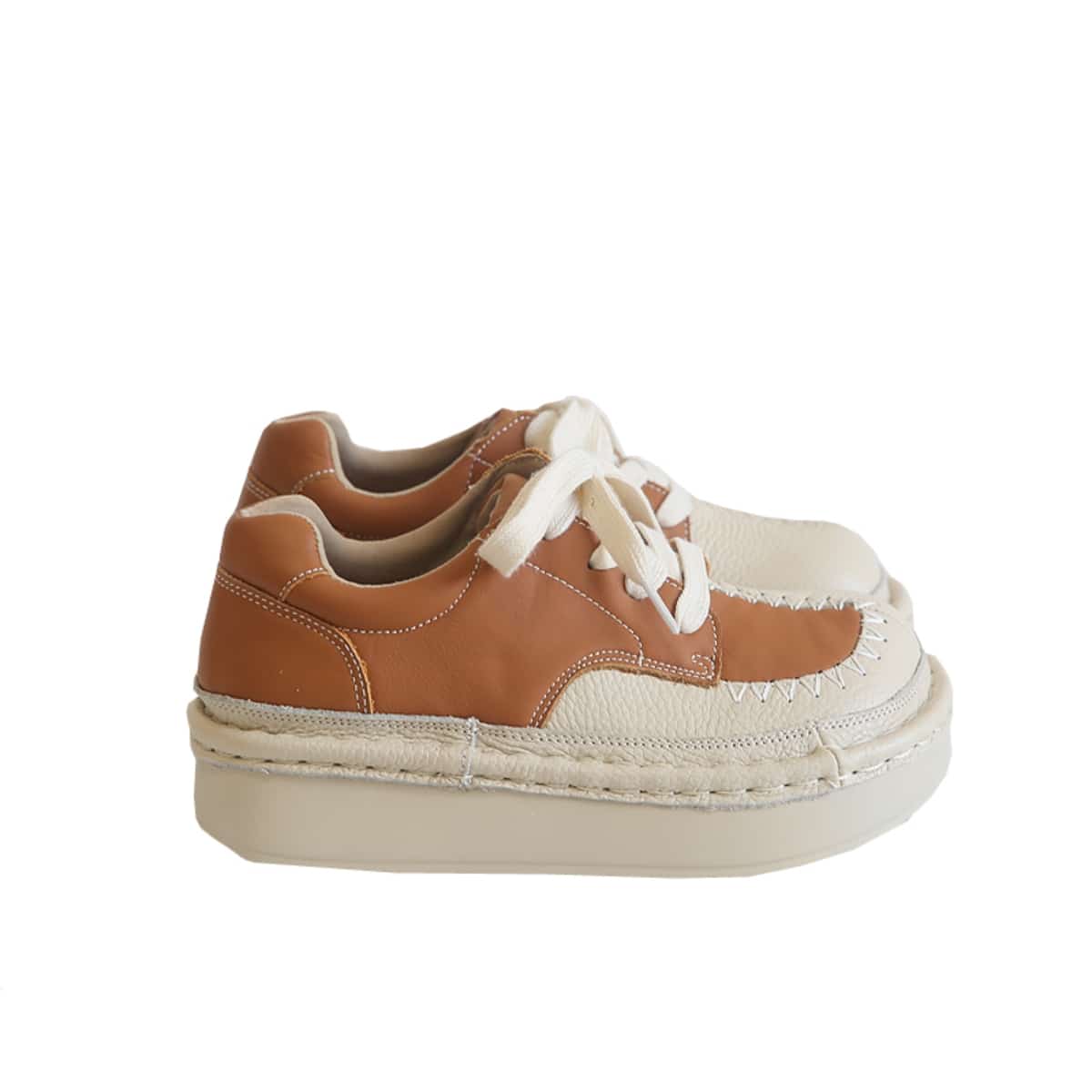 Leather round head lace-up thick-soled big-head shoes autumn and winter muffin soles comfortable single shoes