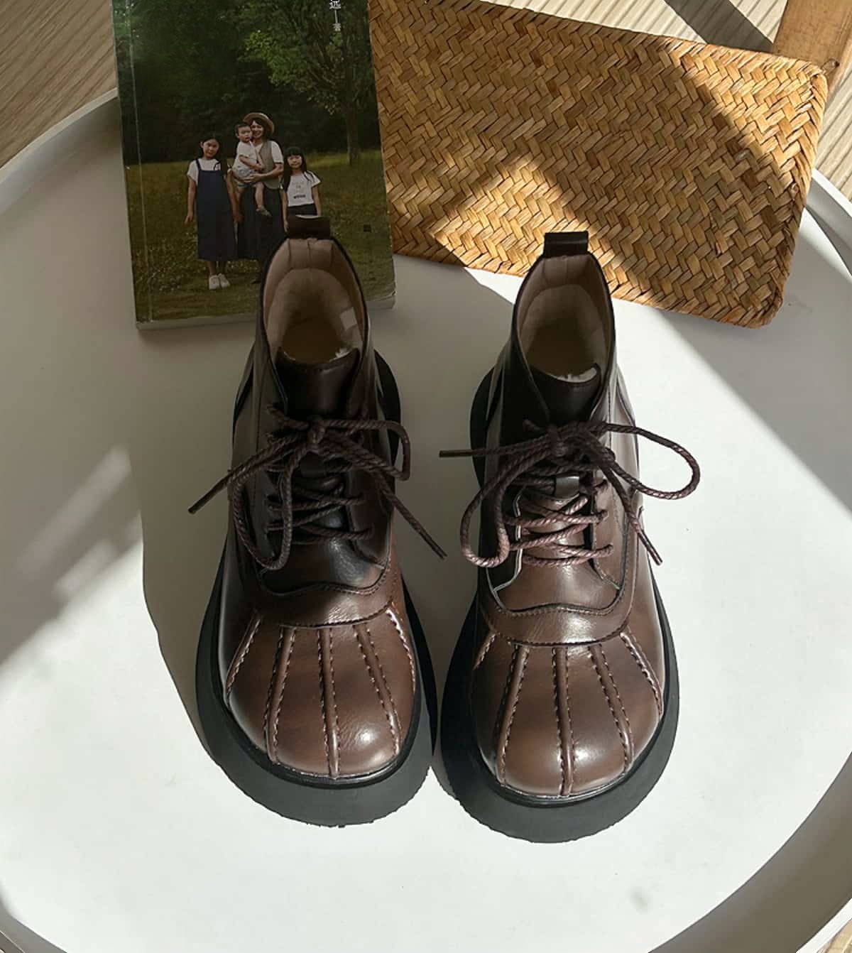 Round head lace-up thick-soled big head shoes winter velvet black small leather shoes heightening Martin boots