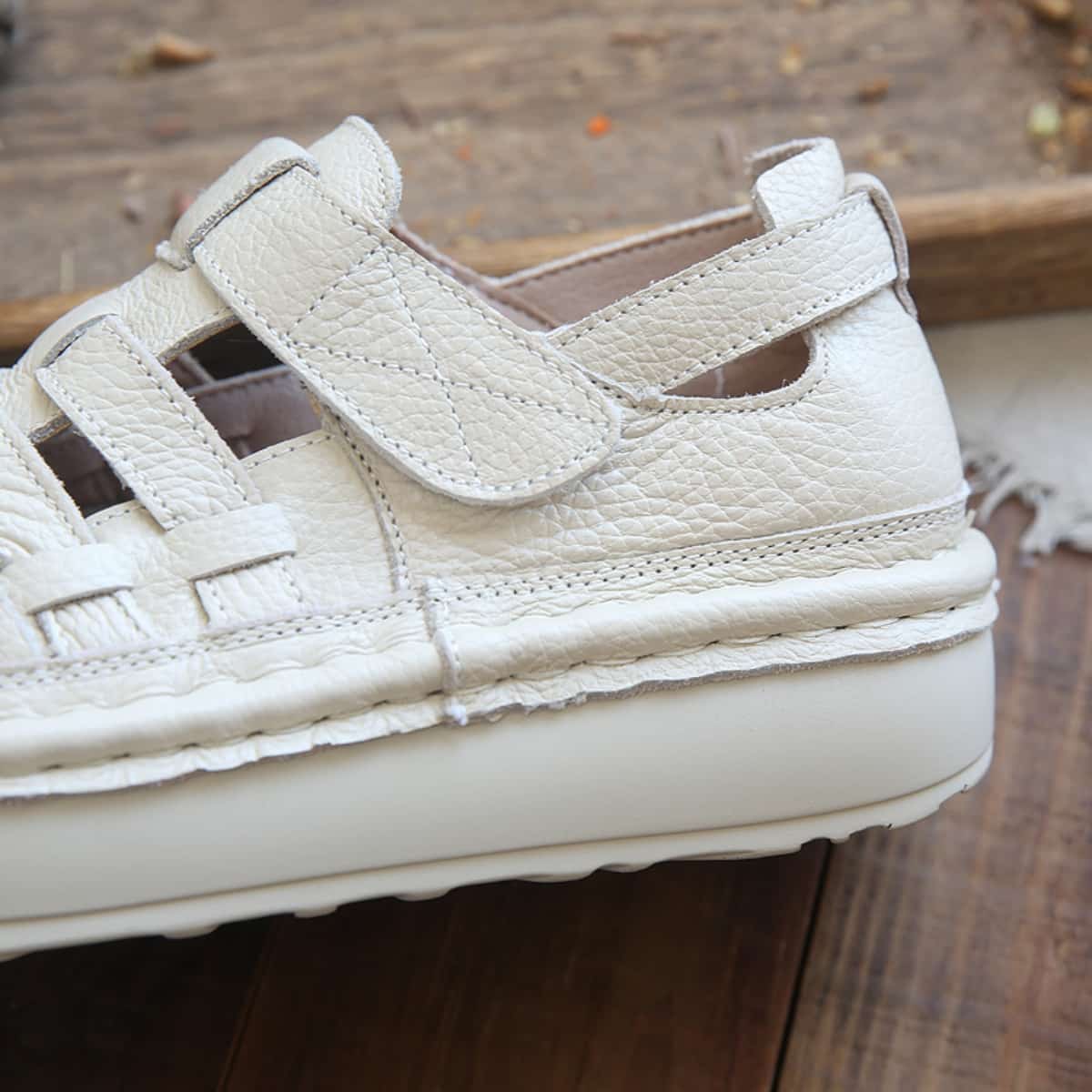 Leather hollow round head platform big head shoes summer middle heel Roman sandals