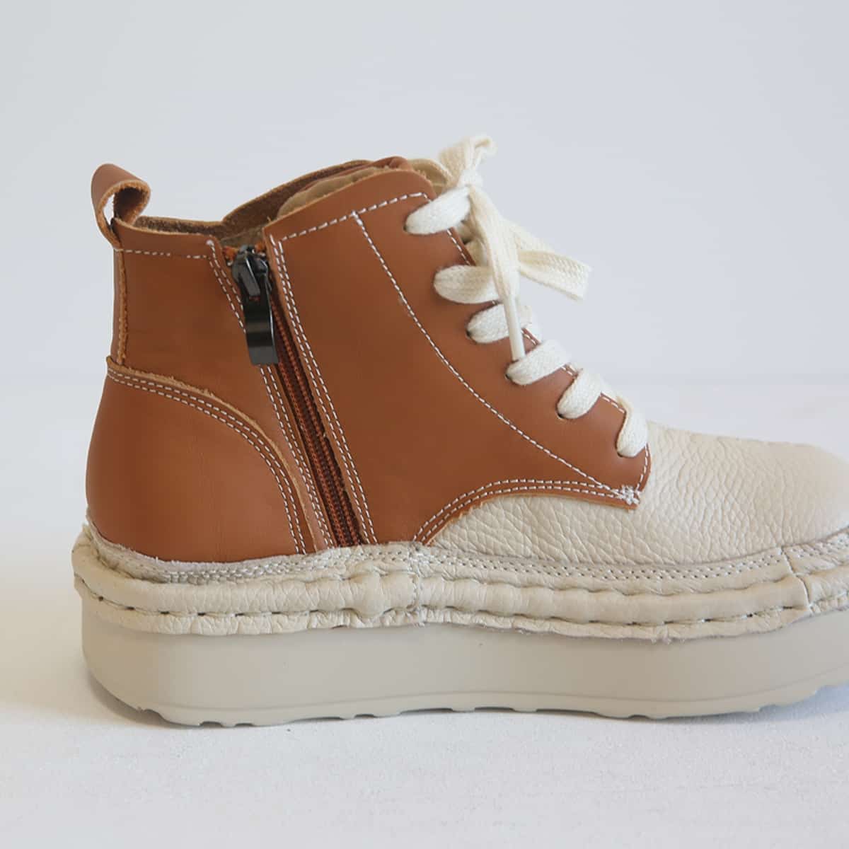 Leather color matching round head lace-up platform big head shoes personalized short boots women