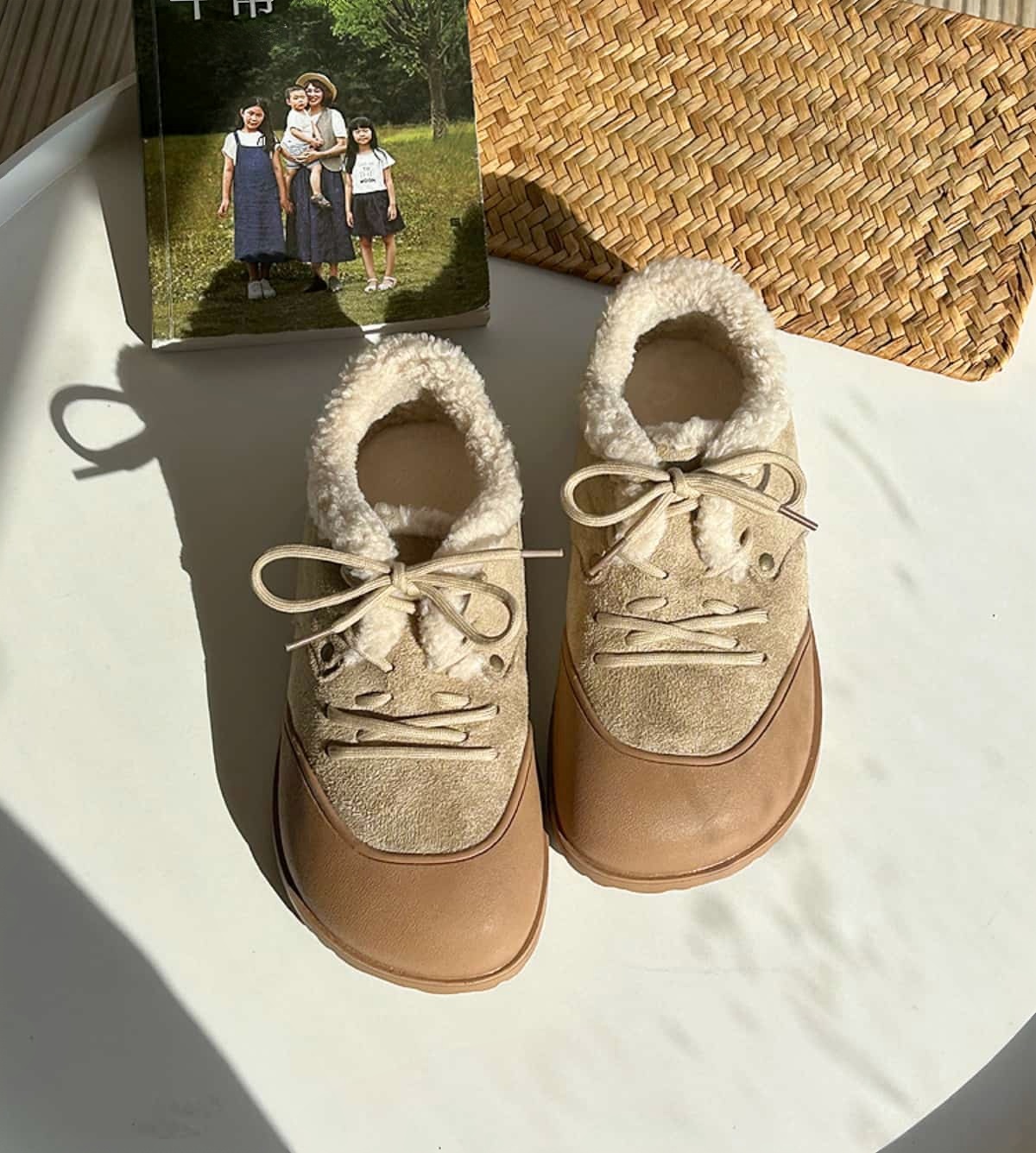 Imitation lamb wool round head flats winter cute lace-up beanie shoes snow boots