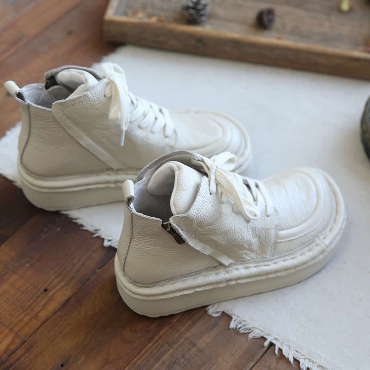 Leather round head lace-up platform big head shoes comfortable short boots women's autumn