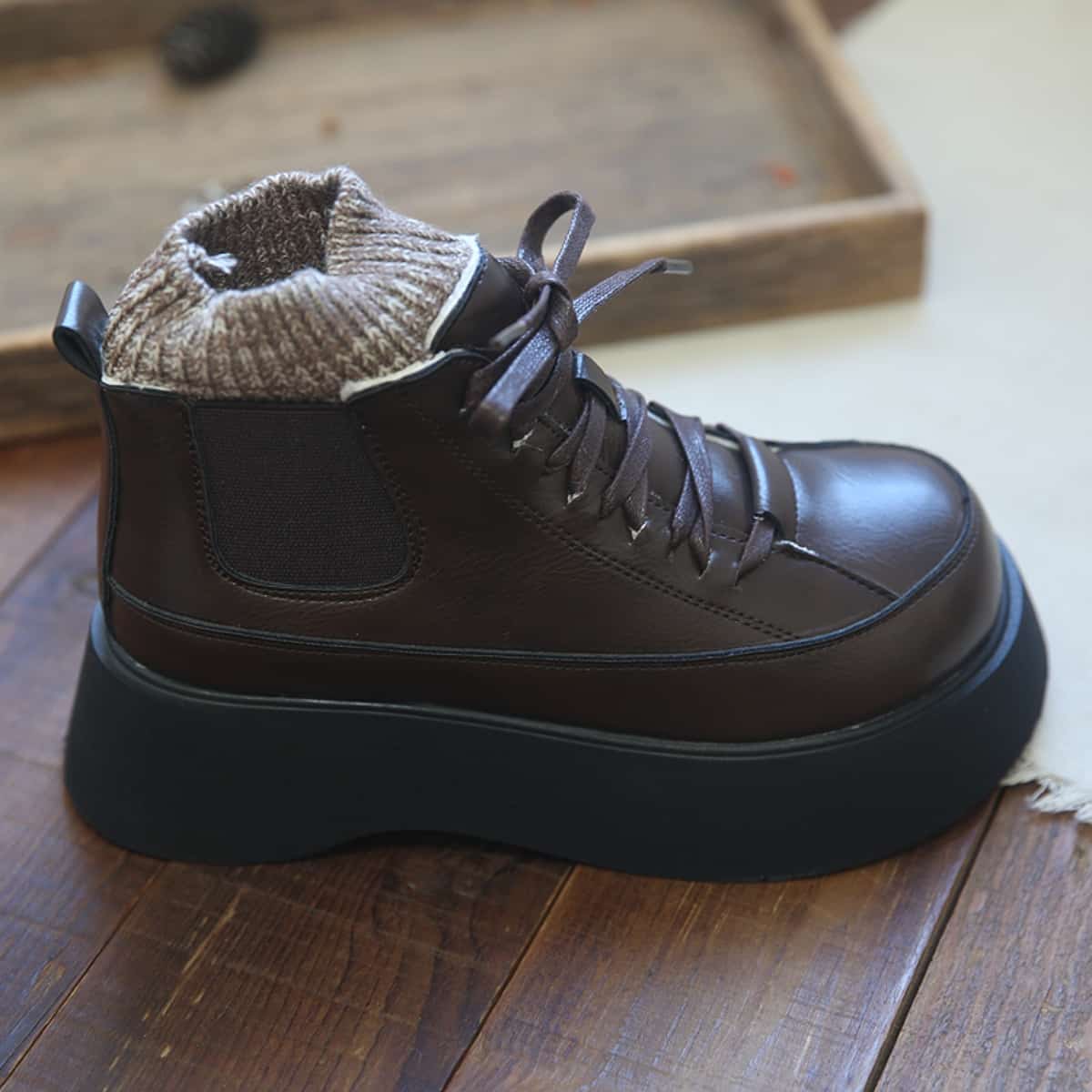 College style round head lace-up thick-soled big-head shoes winter wool mouth velvet black short boots children