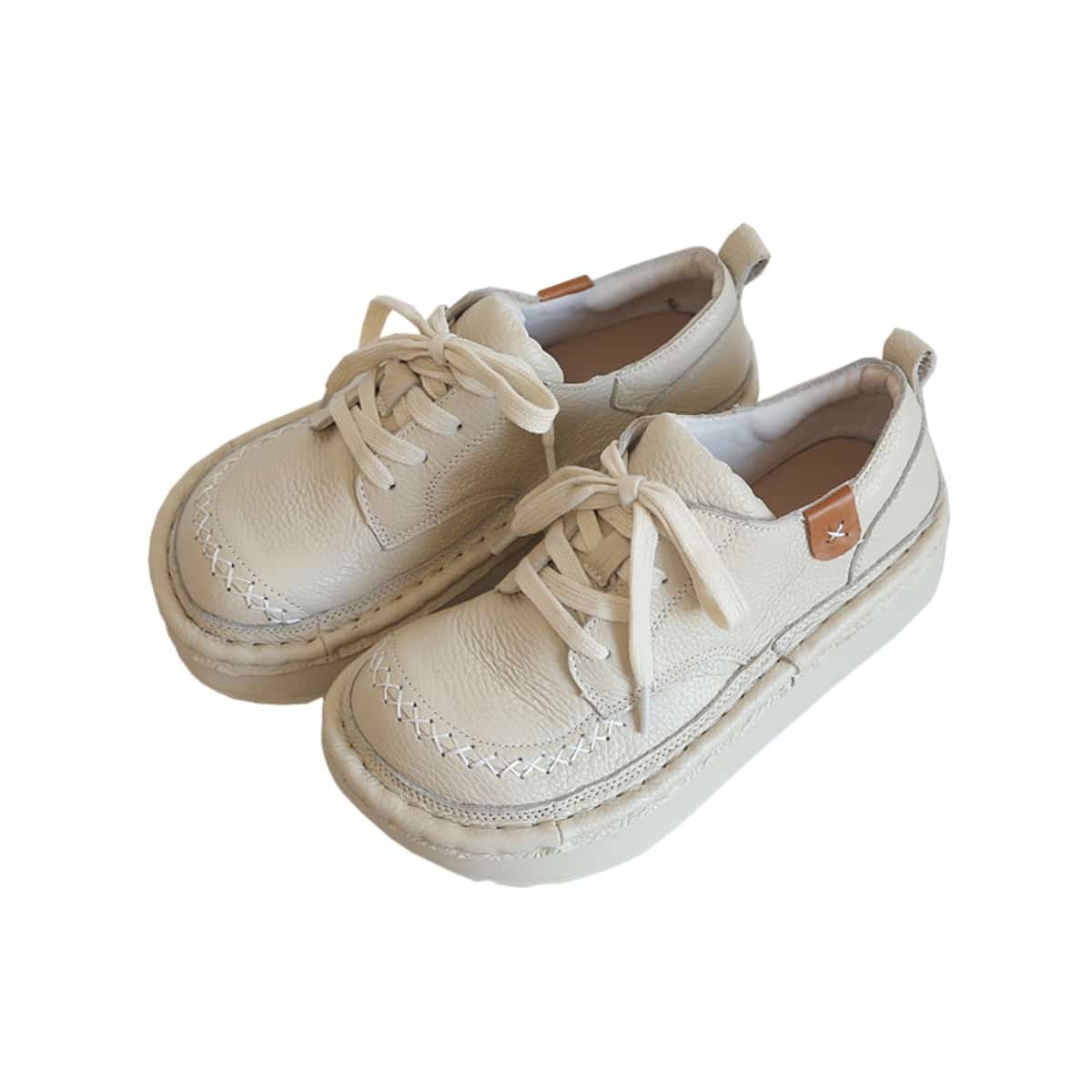 Leather round head lace-up platform big head shoes cute shoes handmade comfortable single shoes