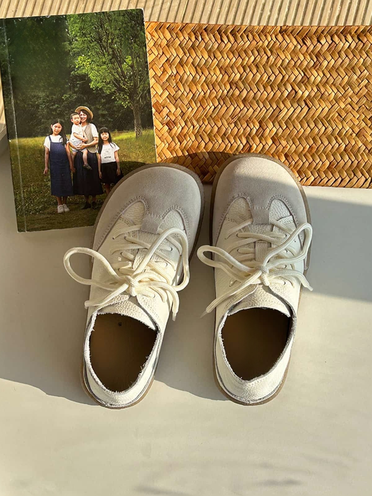 Leather round head lace-up German training shoes spring comfortable soft-soled white shoes single shoes