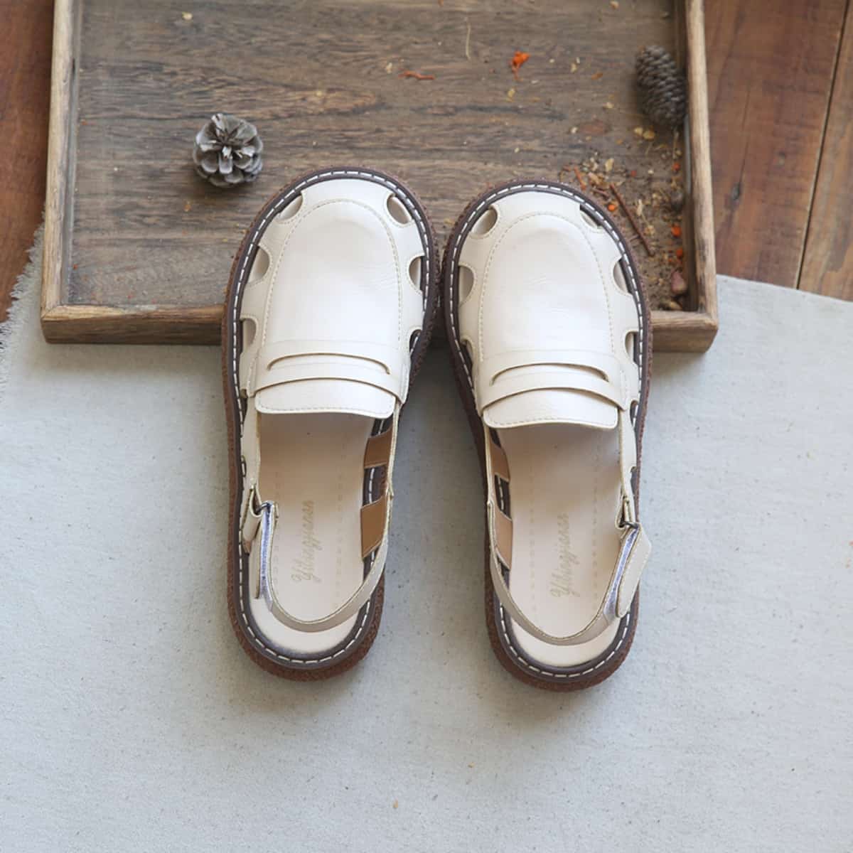 Hollow round head platform big head sandals summer Velcro beige mid-heel Roman shoes