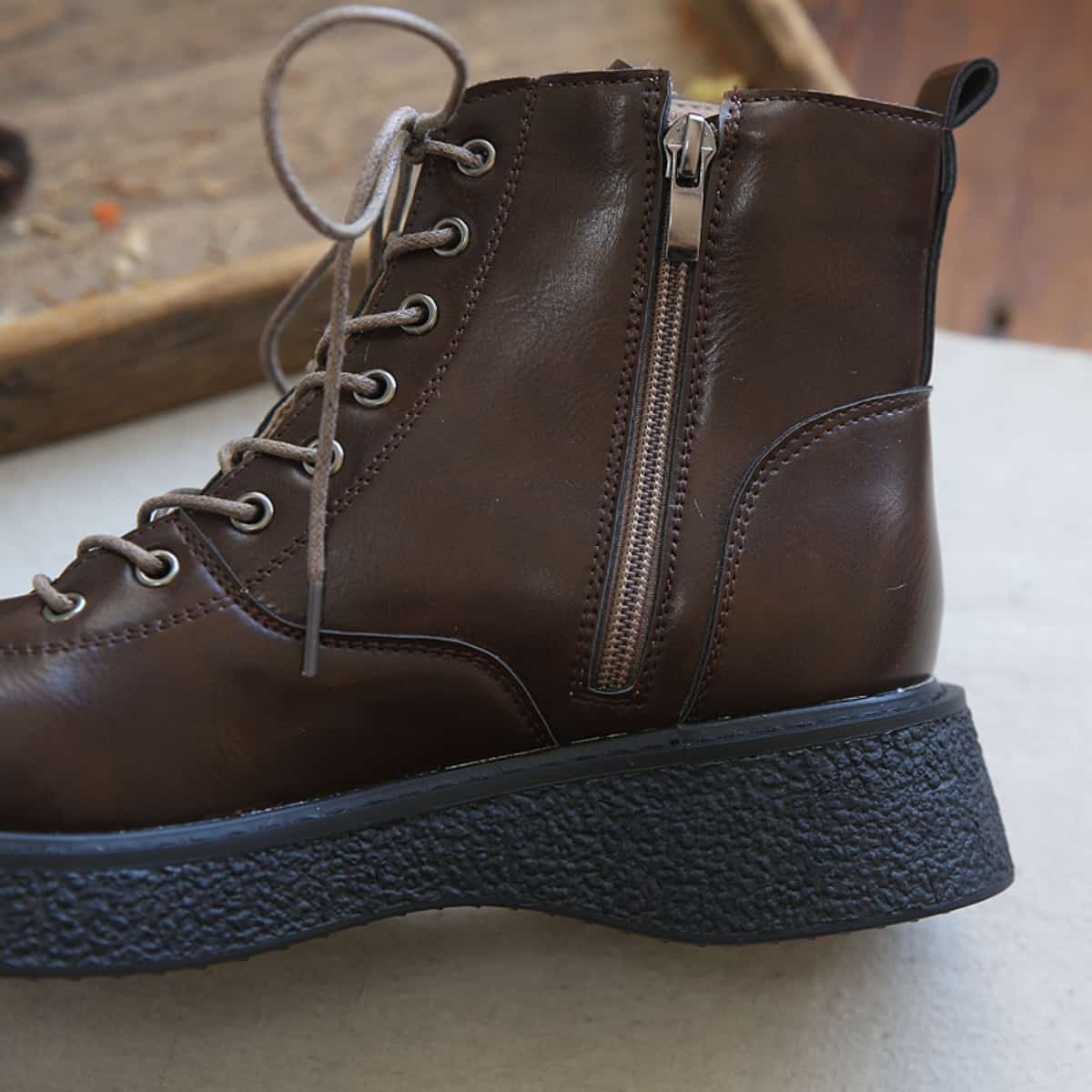 Round head lace-up thick-soled big head shoes velvet versatile short Martin boots children's autumn