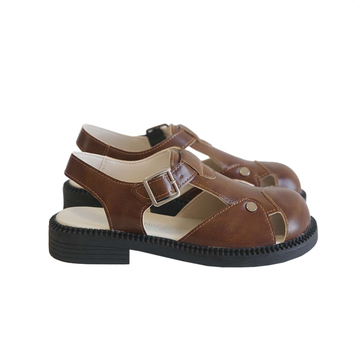 Hollow round head low heel Roman shoes summer new rivet fashion T-button sandals