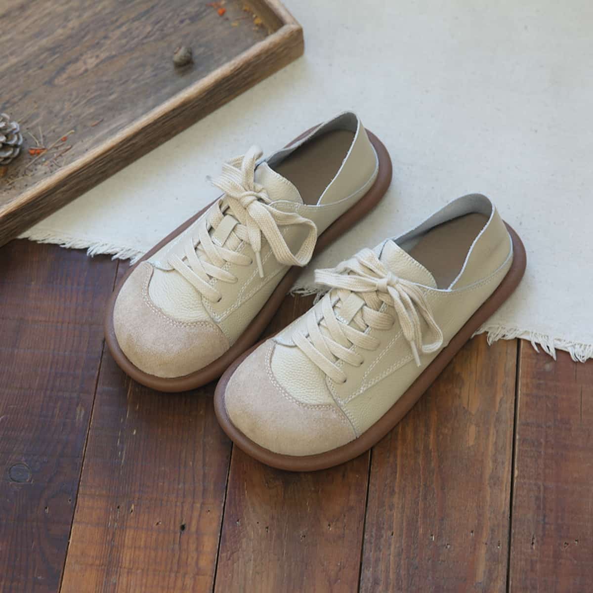 Leather round head lace-up single shoes comfortable soft sole low heel big head shoes small leather shoes