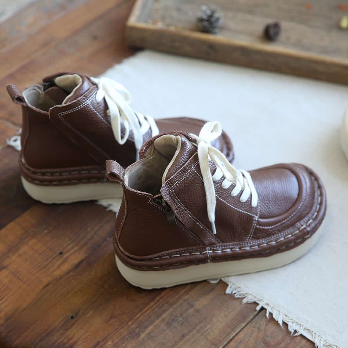 Leather round head lace-up platform big head shoes comfortable short boots women's autumn