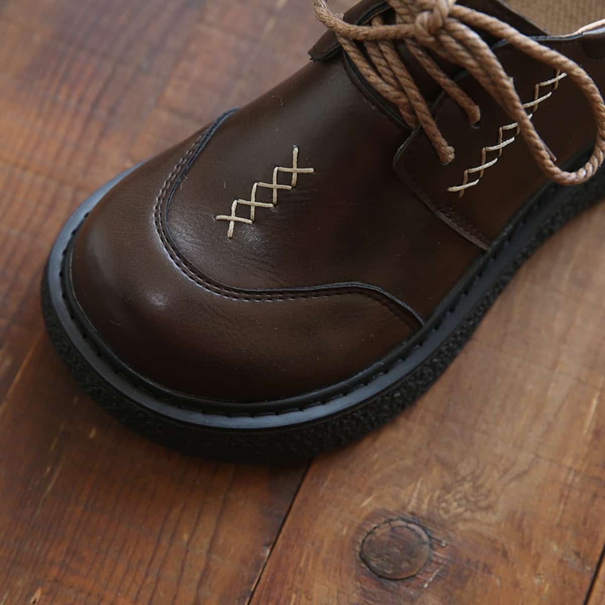 Round head lace-up thick-soled big head shoes increase height, versatile small leather shoes, single shoes for women