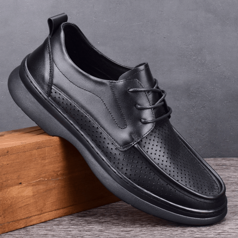 Summer men's shoes genuine leather first layer cowhide hollow punched breathable thick sole large size lace-up shock-absorbing leather shoes