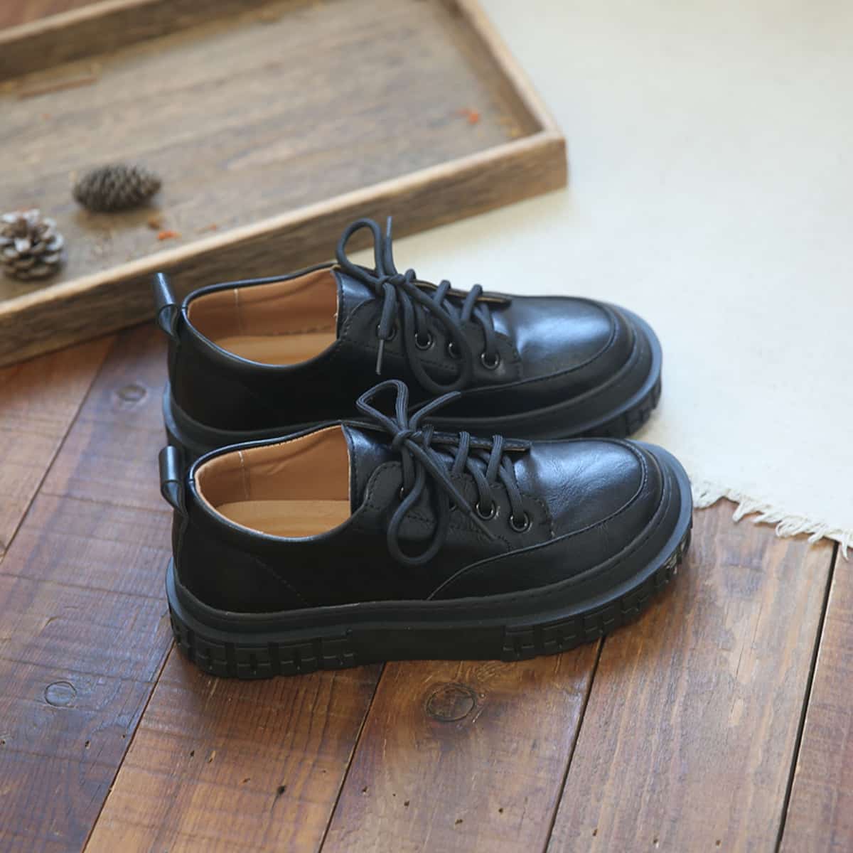 Round head lace-up platform big head shoes student black versatile shoes single shoes women