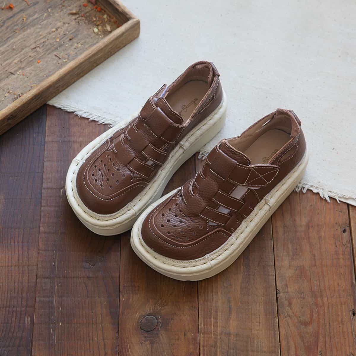 Leather hollow round head platform big head shoes summer middle heel Roman sandals