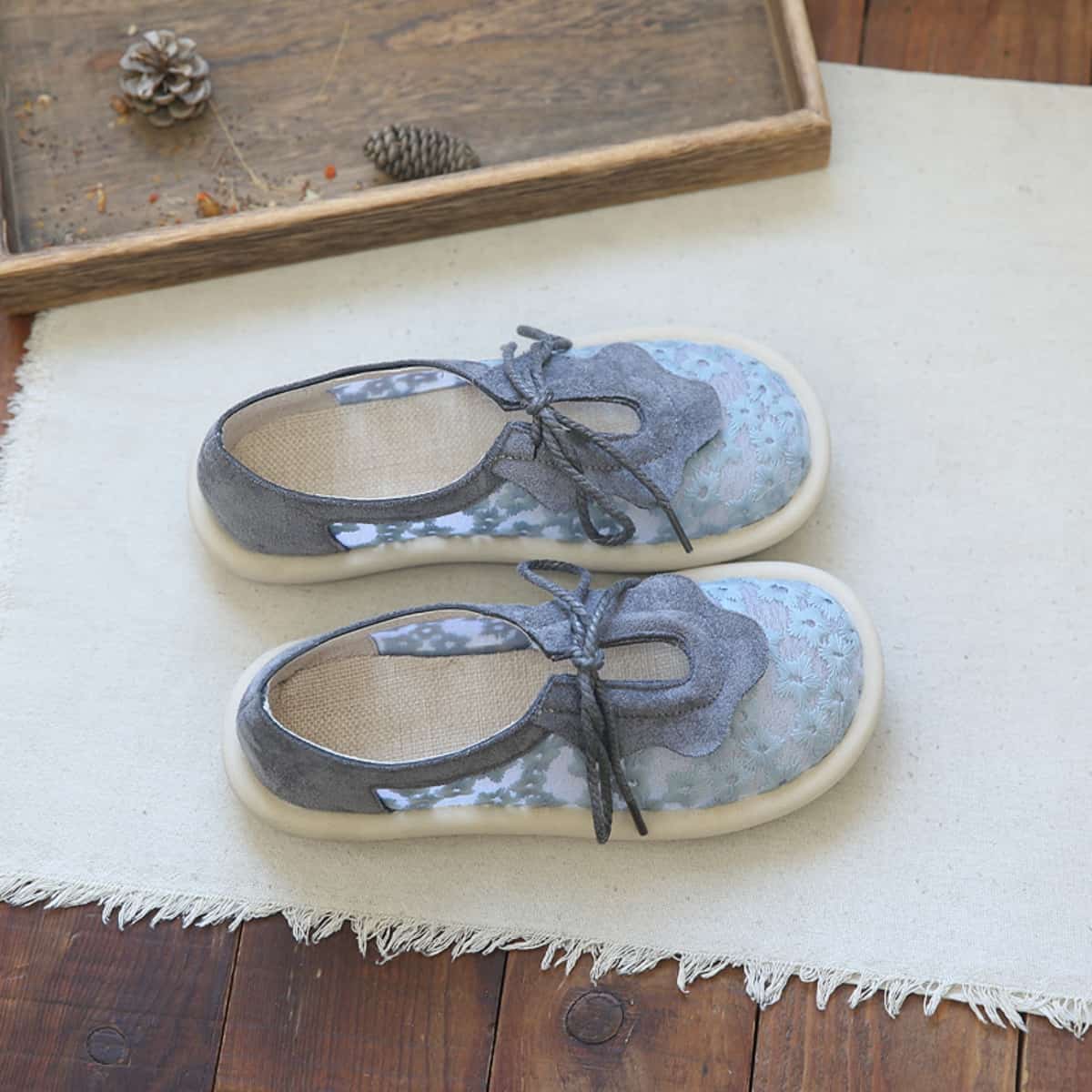 Mesh daisy round head shallow mouth flats summer sweet ruffle edge lace up comfortable single shoes