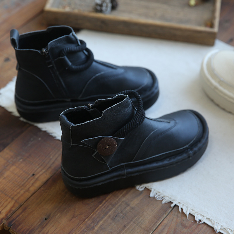 Leather Round Head Platform Big Head Shoes Button Short Boots Martin Boots Children