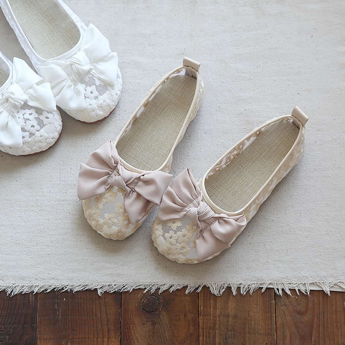 Mesh daisy round head flats summer big bow cotton and linen low heel light mouth single shoes