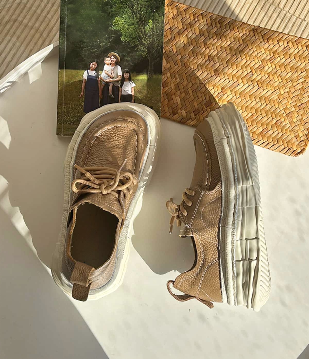 Leather round head lace-up thick-soled big head shoes spring height-increasing white shoes