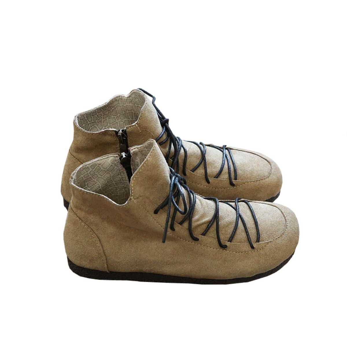 Suede round head strap flat bottom women's boots comfortable soft sole short boots side zipper bare boots women