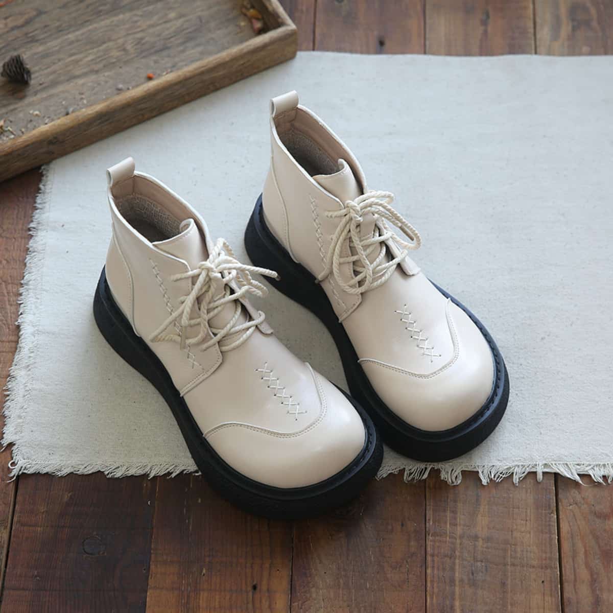 Round head lace-up thick-soled big-head shoes British style versatile heightening knight short Martin boots women
